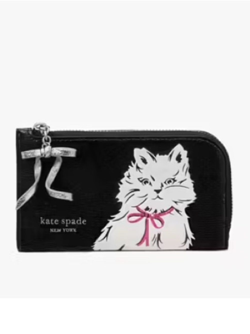 kate spade Black Wallet with White Cat and Pink Bow Accent